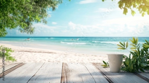 Fototapeta White Coffee Mug on Wooden Table with Beach and Ocean Background
