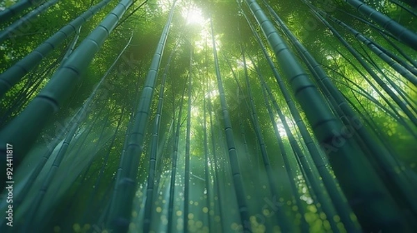 Fototapeta A beautiful scene of Arashiyama Bamboo Grove, soft sunlight illuminating the tall bamboo stalks, creating a peaceful and calming ambiance, detailed textures, vivid greens, hd quality, natural look.