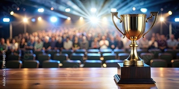 Fototapeta A trophy on table at awards ceremony in front of audience, trophy, table, awards, ceremony, audience, event