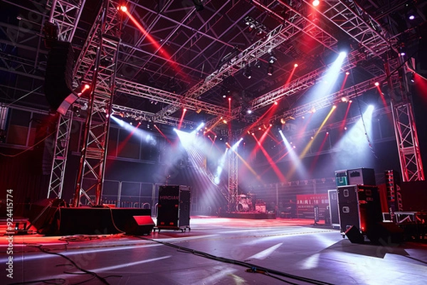 Obraz Live stage production setup with rigging equipment and lighting trusses in a central stage venue