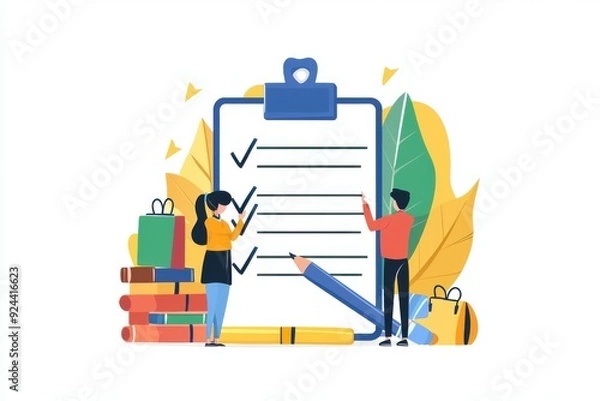 Fototapeta A vibrant illustration of two people checking tasks off a clipboard, surrounded by shopping bags and books, symbolizing productivity.
