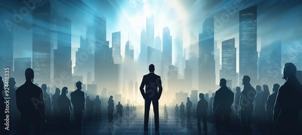 Fototapeta A confident leader stands in the center of an urban landscape, with silhouettes of people around them symbolizing their support and diversity