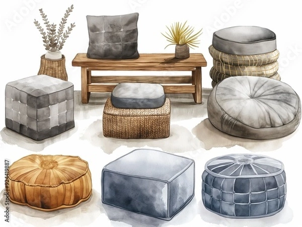 Fototapeta Set of pouf watercolor illustration. AI generated