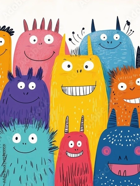 Fototapeta A cute, simple cartoon doodle of happy, colorful monsters standing in a row on a white background