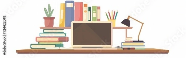 Fototapeta Modern Desk Setup with Laptop and Books - Minimalist Workspace Design