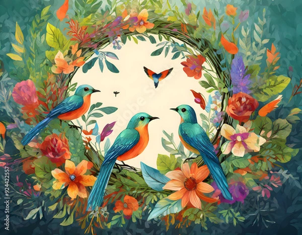 Fototapeta bird and flowers.a vibrant, circular floral frame surrounded by colorful birds and detailed foliage, capturing the lively essence of a thriving garden. This frame should be suitable for use in nature-