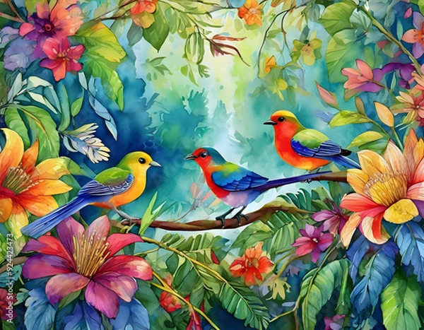 Fototapeta a vivid floral border adorned with bright, colorful birds and lush greenery. The frame should be full of life and energy, perfect for enhancing nature-themed designs with a burst of color.