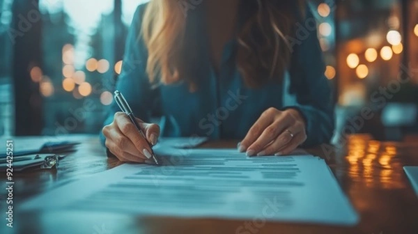Fototapeta A businesswoman in a professional setting signs documents at a desk, focusing on detail and responsibility in a modern office environment.