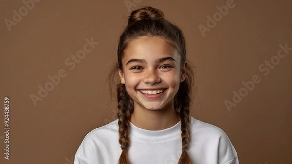 Obraz Portrait of nice pleasant looking cheerful woman laughs happily has broad smile 