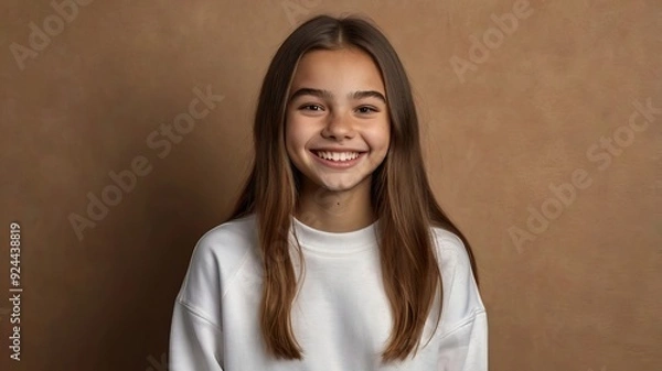 Obraz Portrait of nice pleasant looking cheerful woman laughs happily has broad smile 
