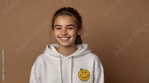 Obraz Portrait of nice pleasant looking cheerful woman laughs happily has broad smile 