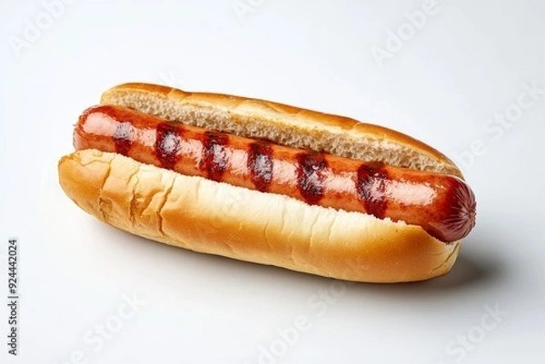 Fototapeta A close-up view of a grilled hotdog with char marks placed inside a soft, fresh bun, presented on a plain white background for a delicious and simple presentation.