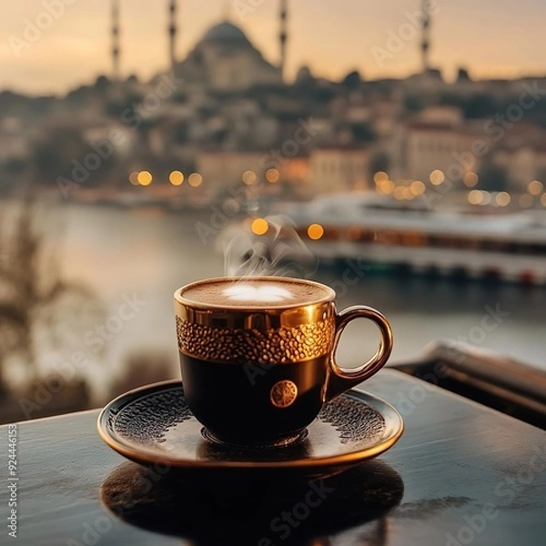Fototapeta Traditional Turkish coffee in porcelain mug on table in front of blurry Istanbul view with buildings, ferry boats, and a mosque during sunset