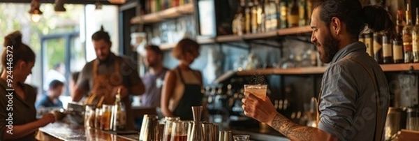 Fototapeta Bartender with tattooed arm holding a cocktail while preparing drinks at a busy bar, surrounded by various bottles and bar tools.