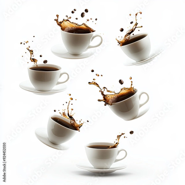 Fototapeta cup of coffee floating in the air on white background