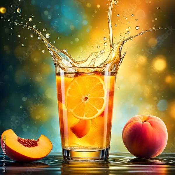 Obraz Glass peachf juice with a splash, featuring fresh orange slices and droplets against a white background