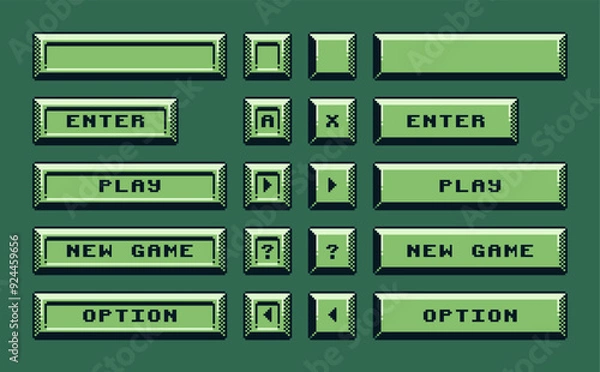 Fototapeta Button, game boy interface, pixel art design, play, option, retro 80s console gaming app, video game, flat style, old school computer graphic design, 8-bit sprite, game assets, vector illustration.