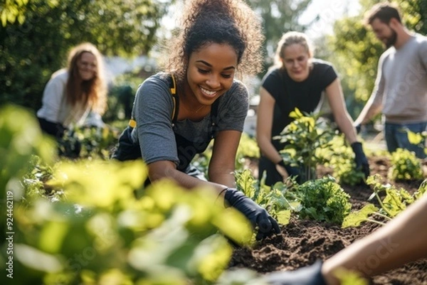 Fototapeta Image of a group of volunteers working together on a community garden project. Show diverse individuals planting and tending to the garden, with a focus on teamwork and community spirit. 
