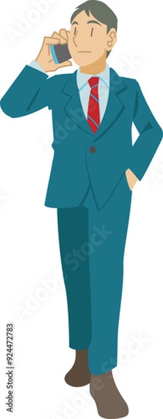 Fototapeta 歩きながらスマホで話すビジネスマンのイラスト