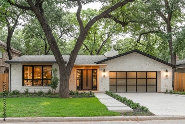 Fototapeta Photograph of a minimalist home exterior with simple, geometric shapes, neutral colors, and a harmonious design. Focus on clean, understated elegance.