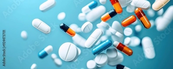 Fototapeta Colorful assortment of various pills and capsules floating in mid-air, showcasing the diversity of medications available.