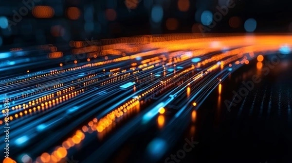 Fototapeta Elegant and fluid lines of light representing the seamless transmission of optical data