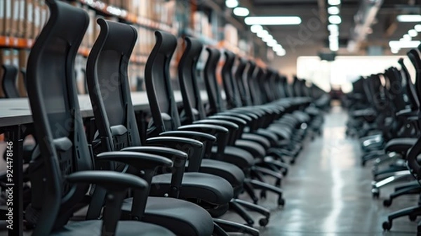 Fototapeta Row of black ergonomic office chairs aligned in large modern workspace with shelves in the background. Concepts of office furniture, corporate environment, and workspace organization.