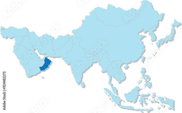 Fototapeta Highlighted map of OMAN inside detailed blank flat political map of the Asian continent on isolated background