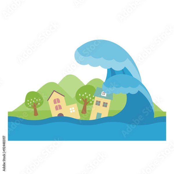 Fototapeta 津波の被害に遭う住宅のベクターイラスト