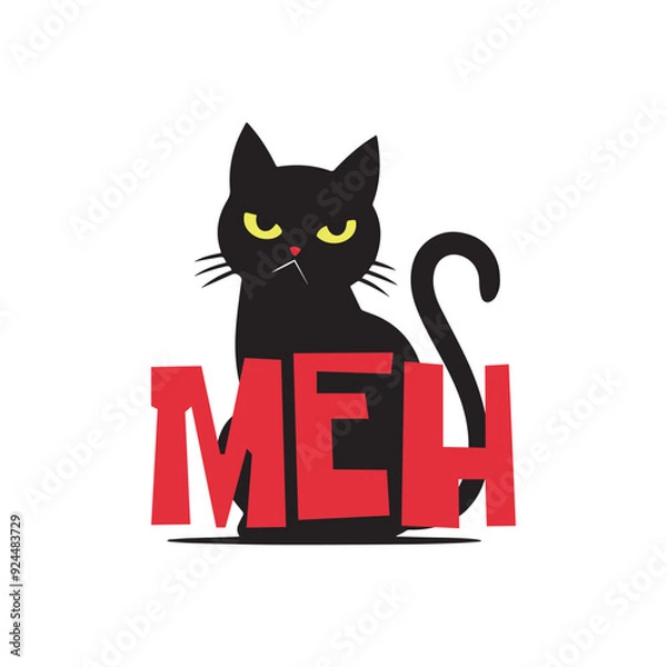 Fototapeta Sillouette of an angry moody cat with a funny quote meh. Vector illustration for tshirt, website, clip art, poster and custom print on demand merchandise.
