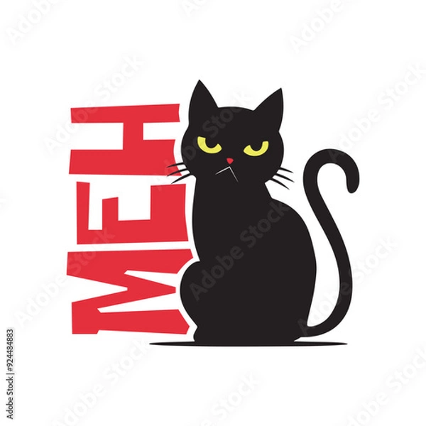 Fototapeta Sillouette of an angry moody cat with a funny quote meh. Vector illustration for tshirt, website, clip art, poster and custom print on demand merchandise.
