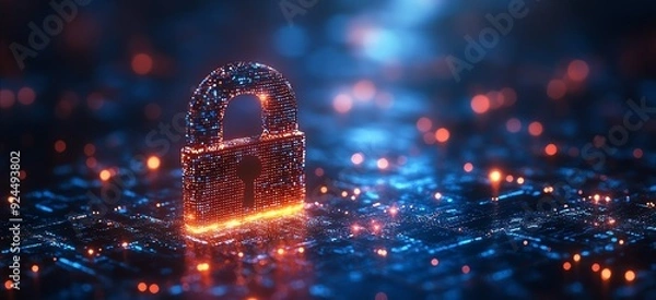 Fototapeta Secure digital network, glowing lock, blue background, cybersecurity concept