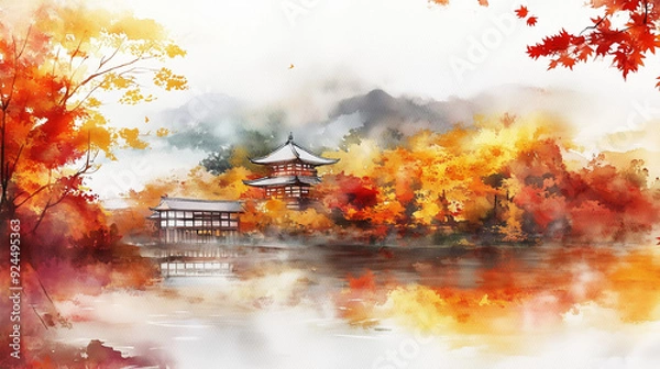 Fototapeta 絶景の秋色！和風庭園と紅葉が織りなす幻想的な水彩アート