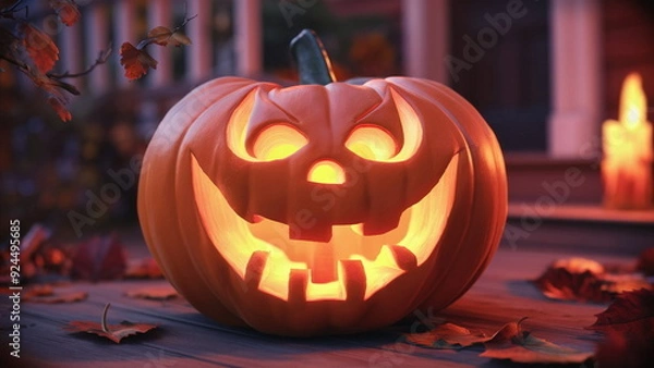 Obraz A charming, hand-drawn image of a cheerful jack-o'-lantern with a wide grin, showcasing the intricate carving details of a spooky face.The pumpkin's eyes, nose, and mouth are carved into a playful exp