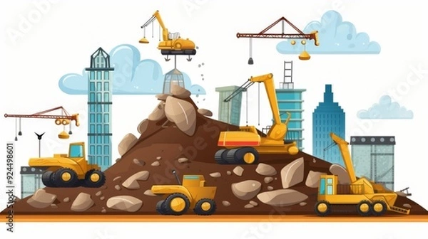 Fototapeta A group of construction vehicles are working on a hill
