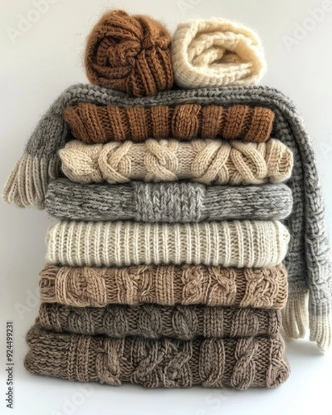 Fototapeta stack of folded textile, knitted items in gray and beige tones on white background. cleaning, house order , organization of space. cozy winter