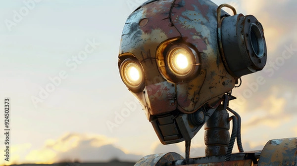 Fototapeta Close-up of a rusty robot head with glowing eyes, looking up at the sunset.