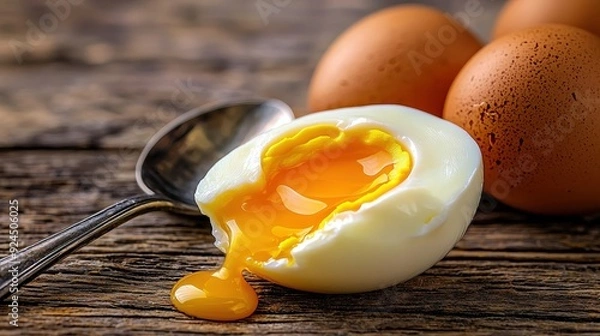 Fototapeta A close-up of a soft-boiled egg with a runny yolk, accompanied by fresh brown eggs on a rustic wooden surface.