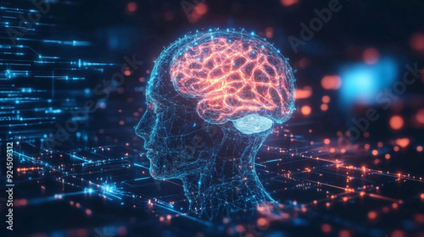 Obraz A glowing AI-powered brain interface with neural pathways linking to external devices, symbolizing seamless human-computer interaction1