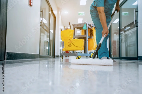 Fototapeta A Safety sign with caution phrase. Happy young housekeeper mopping the floor with a mop and cleaning products to clean dust in a hospital corridor.
