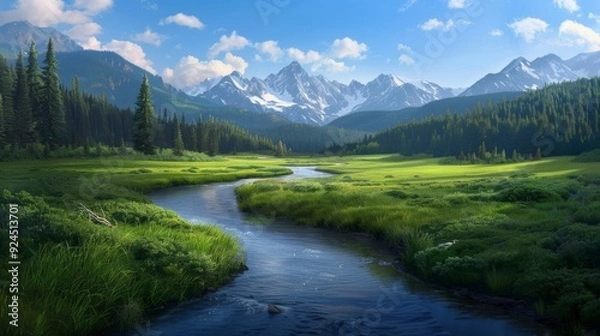 Fototapeta River meadows within a vast wilderness showcase a tranquil landscape where flowing rivers meet open meadows, surrounded by untamed natural beauty.
