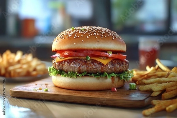 Fototapeta classic tasty burger on a wooden tablet, burger menu, junk fast food, french fries and the burger with meat, cooking a burger at home. Ai Generative