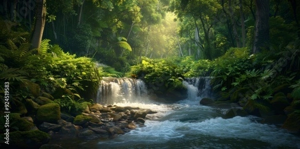 Fototapeta A forest within a national park features flowing water, creating a serene and picturesque landscape. 