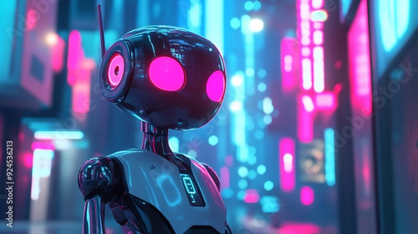 Fototapeta Futuristic robot with glowing pink eyes in a neon-lit cyberpunk city, advanced AI in a vibrant urban landscape