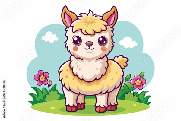 Obraz Cute Cartoon Llama Standing in a Meadow with Flowers