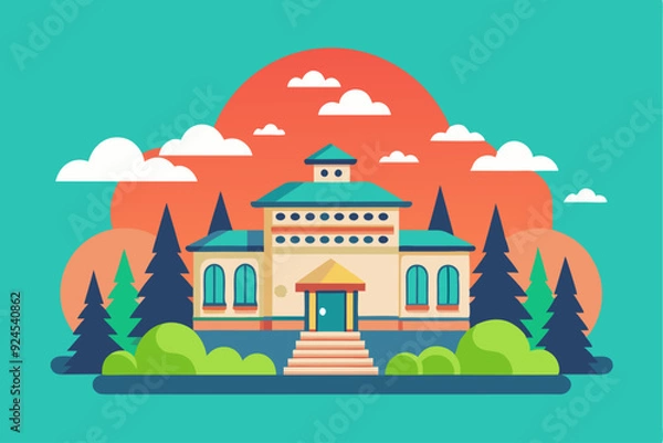 Obraz A Flat-Style Illustration of a House with a Green Roof and a Yellow Door, Surrounded by Trees and Clouds