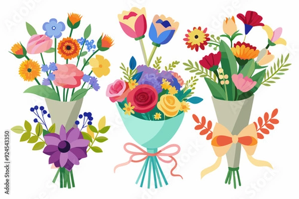 Fototapeta Three Colorful Flower Bouquets with Different Flowers and Ribbons
