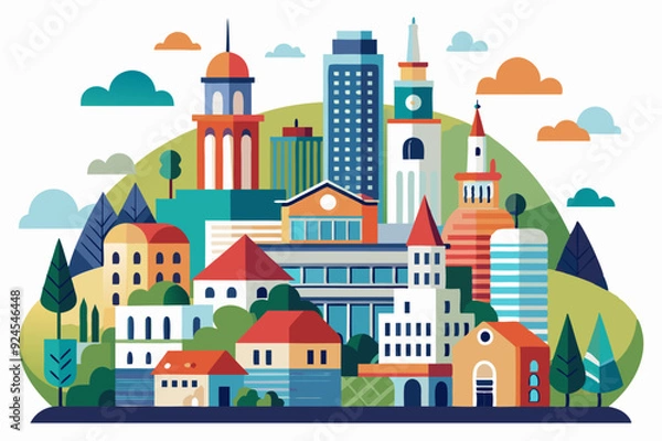 Obraz A Vibrant Cityscape with Diverse Architecture and Lush Greenery