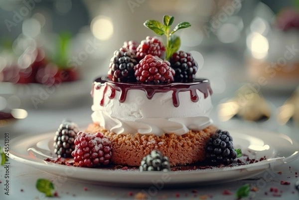 Fototapeta A delicious dessert featuring whipped cream, berries, and a chocolate drizzle on a cake base.