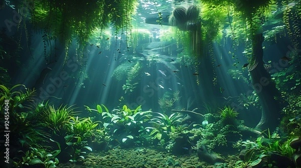 Fototapeta A captivating jungle adventure aquarium, showcasing dense aquatic plants, intricate driftwood, and exotic fish. The soft, ambient lighting enhances the lush and wild feel of the underwater jungle.
